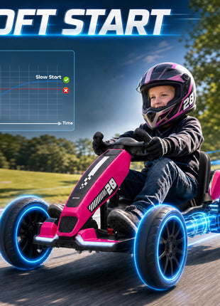 12V Electric Go Kart for Kids with Dual Motors, Adjustable Seat, Soft Start, LED Lights, EVA Wheels, for Age 3-6, Pink