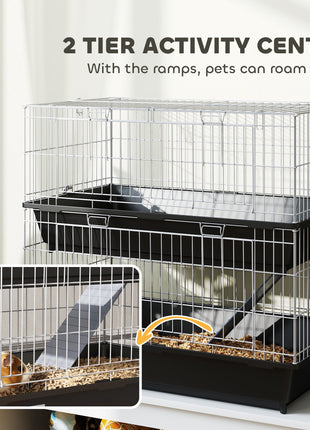 2-Tier Small Animal Cage with 2 Doors, Trays, Dish, Bottle, and Ramp for Bunny, Ferret, Chinchilla, Black