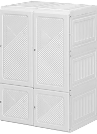 Portable Wardrobe, Foldable Clothes Storage Organizer with 3 Compartments, Hanging Rod, Magnet Doors, White