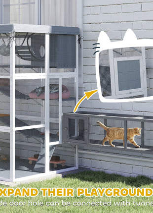 Large Outdoor Catio Cat Enclosure with Hammock, Condo, Jump Platforms, Ladders, Ramps, Tarp, for 2-4 Large Cats, Gray