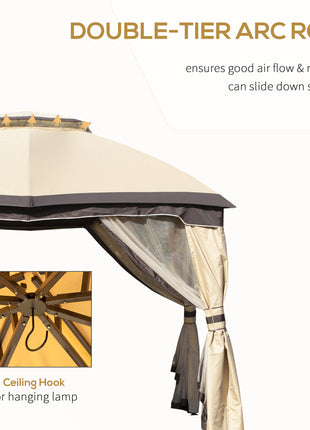 10' x 12' Outdoor Gazebo, Patio Gazebo Canopy Shelter w/Double Vented Roof, Zippered Mesh Sidewalls, Solid Steel Frame, Beige