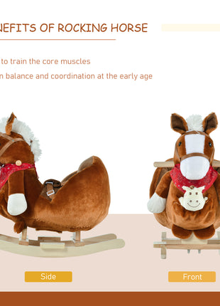 Kids Ride-On Rocking Horse Toy, Rocker with Lullaby Song, Hand Puppets & Soft Plush Fabric for Children 18-36 Months, Brown