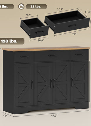 47" Buffet Cabinet with Soft-Close Hinges, Farmhouse Sideboard with 3 Drawers, Adjustable Shelves and Spice Racks, Black