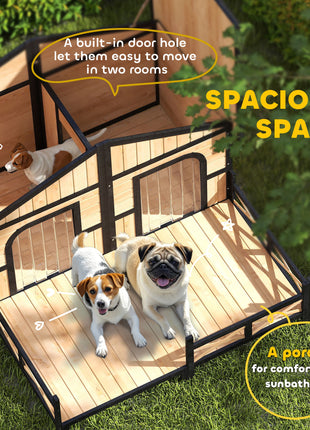 Dog House Outdoor, Wooden Dog Kennel Weatherproof with Porch, Openable Roof, Removable Bottom, Elevated Floor, Double Room for 2 Small to Medium Breeds, Natural