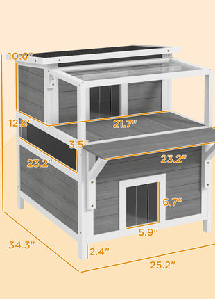2-Story Wooden Cat House Outdoor with Balcony, Openable Top, Escape Door, Removable Panel & Floor, for Backyard, Outside