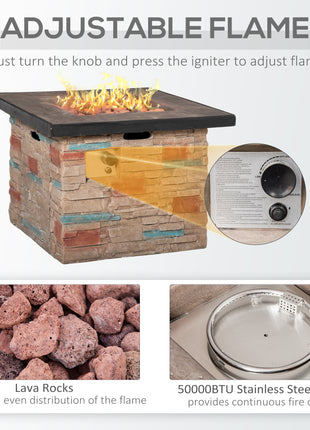 32 Inch Outdoor Propane Gas Fire Pit Table, 50,000 BTU Auto-Ignition Square Faux Ledge Stone Gas Firepit with Lava Rocks and Rain Cover, CSA Certification, Brown