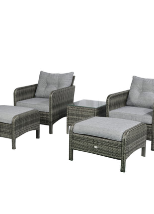 5 Pieces Rattan Wicker Lounge Chair Outdoor Patio Conversation Set with 2 Cushioned Chairs, 2 Ottomans and Tempered Glass Top Coffee Table, Gray/Light Gray