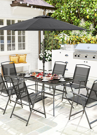 8 Piece Outdoor Dining Set, Patio Furniture Set with Umbrella, 6 Folding Chairs, Rectangle Table and Mesh Seat, Black