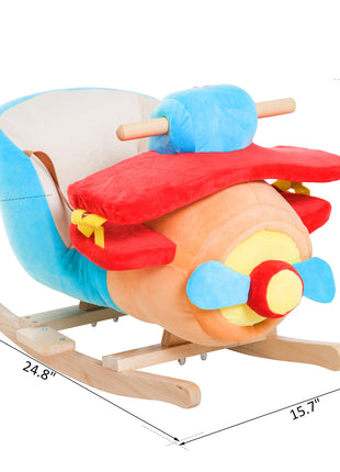 Kids Rocking Horse, Wooden Plush Ride-on Plane Chair Toy with Lullby Song and Seat Belt for 18 Month +