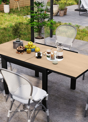 35.5"-71" Expandable Outdoor Dining Table for 4-6 People, Aluminum Patio Table with Slatted Wood Grain Top, Natural