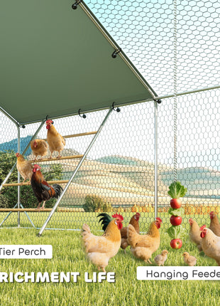 Metal Chicken Coop, 26' x 10' x 6.4' Large Chicken Run with Feeding Door, Waterproof Cover, Hanging Feeder, Perch