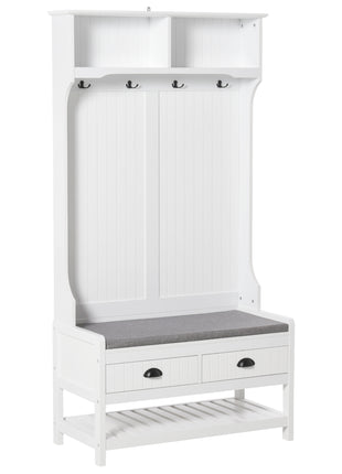 3-in-1 Hall Tree, Entryway Bench with Coat Rack, Mudroom Bench with Shoe Rack, 2 Storage Drawers, 4 Hooks and Padded Seat Cushions for Hallway, White