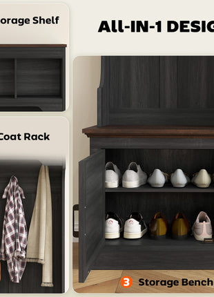 3-in-1 Hall Tree with Shoe Storage, Coat Rack with Bench, Entryway Furniture with Five Hooks, Black Wood Grain