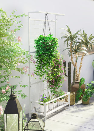 Metal Tall Plant Stand with Trellis and Hanging Bar, Plant Holder for Indoor Outdoor Use, 35" x 12.8" x 74", White