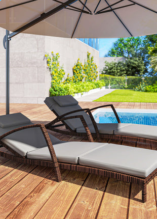 Set of 2 Wicker Chaise Lounge Chair Outdoor Patio Lounger with 5 Adjustable Back, Wheels, Cushion, and Armrests, Gray