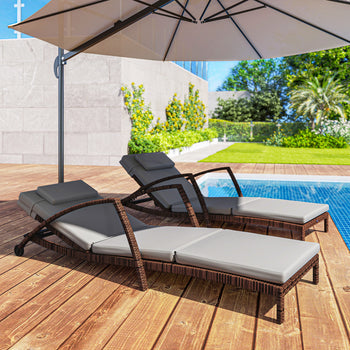 Set of 2 Wicker Chaise Lounge Chair Outdoor Patio Lounger with 5 Adjustable Back, Wheels, Cushion, and Armrests, Gray