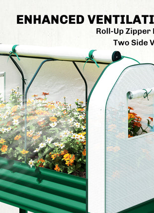 Galvanised Raised Garden Bed with Greenhouse Cover, Metal Elevated Garden Bed with Bed Liner, Bottom Shelf, Green