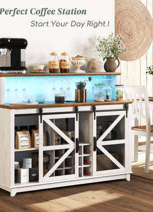 55" Coffee Bar Cabinet with Lights, Farmhouse Wine Cabinet with Wine and Glass Racks for Kitchen, Dining Room, White