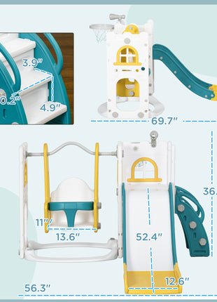 6 in 1 Toddler Slide and Swing Set Indoor for Age 1-3 Years w/ Basketball Hoop, Climber, Storage Telescope, Yellow