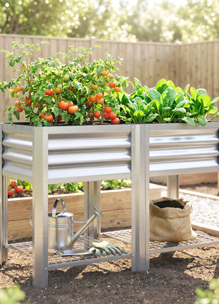 Raised Garden Bed Galvanized Steel, Elevated Planter Box with Storage Shelf, Bed Liner, 31.5" High, Silver