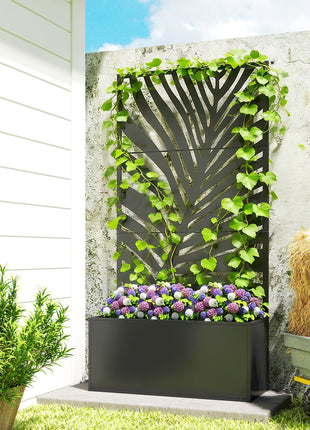 Metal Planter Box with Trellis, Raised Garden Bed with Trellis Large Leaf Cut-Out Privacy Screen for Climbing Plants