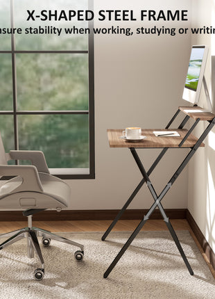 Folding Computer Desk, 27.6" Foldable Desk with Monitor Shelf for Small Space, Home Office, Study, Easy Assembly, Walnut