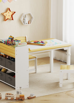 Kids Desk and Chair Set with Paper Roll, Kids Activity Craft Table with Storage Shelves and Drawers, Natural Wood
