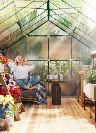 16' x 8' Aluminum Greenhouse Polycarbonate Walk-in Garden Greenhouse Kit with Adjustable Roof Vent, Rain Gutter and Sliding Door for Winter, Clear