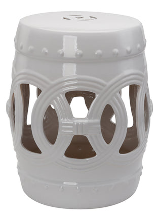 14" x 17" Ceramic Garden Stool with Double-Coin Knotted Ring Design & Strong Glazed Material, Decorative Outdoor Stool, Home Collection, White