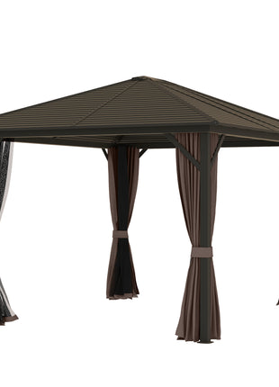 10' x 12' Hardtop Gazebo with Curtains and Netting, Gazebo Canopy with Aluminum Frame and Hooks, Coffee