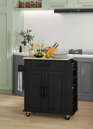 Rolling Island with Wheels for Kitchen, Kitchen Island on Rollers with Power Outlets, Drawer, and Doors, Black