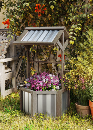 Wooden Wishing Well Planter, Raised Garden Bed with Galvanized Canopy, Hexagon Raised Flower Bed for Garden, Light Gray