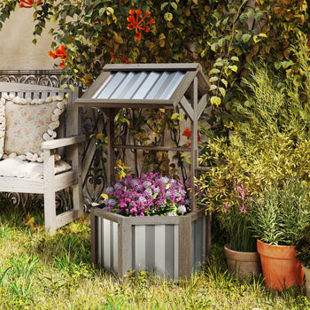 Wooden Wishing Well Planter, Raised Garden Bed with Galvanized Canopy, Hexagon Raised Flower Bed for Garden, Light Gray