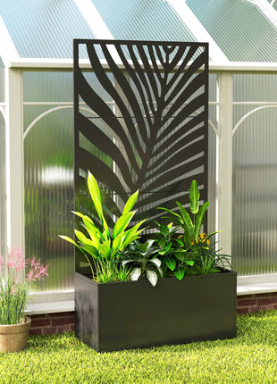 Metal Planter Box with Trellis, Raised Garden Bed with Trellis Large Leaf Cut-Out Privacy Screen for Climbing Plants