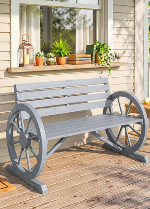 41" Wooden Wagon Wheel Bench, Rustic Outdoor Patio Bench Weather Resistance Furniture, 2-Person Slatted Seat with Backrest, Light Gray