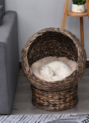 Handwoven Elevated Cat Bed with Rotating Basket and Soft Cushion, Wicker Cat Egg Chair with Stand, Brown