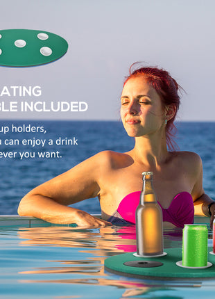 12' x 5' Lily Pad Floating Mat with Cup Holder Table, 3-Layer Portable Roll-Up Water Mat Float Dock for 2-3 People, on Lake, River, Beach, Swimming Pool, Green