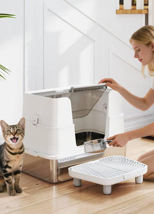 XL Stainless Steel Litter Box w/ 100° Flip Top, Scoop, Step, Top & Side Entry Enclosed Litter Box for Big Cats