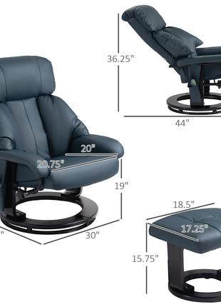 Swivel Recliner with Ottoman, Faux Leather Reclining Chair with Massage, Footstool Remote and Side Pocket, Blue