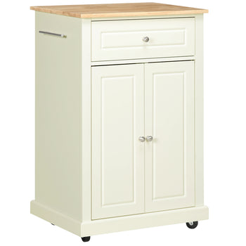 Rolling Kitchen Island Cart, Portable Serving Trolley Table with Drawer, Adjustable Shelf and 2 Towel Racks, Cream White