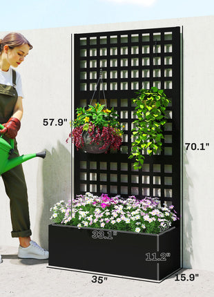 Galvanized Raised Garden Bed Planter Box with Trellis for Climbing Plants, Vegetable, Vines, 35" x 16" x 70", Black