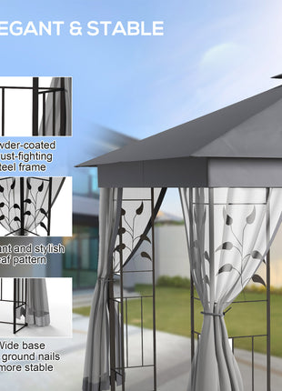 10' x 11.5' Metal Patio Gazebo, Double Roof Outdoor Gazebo Canopy Shelter w/Tree Motifs Corner Frame and Netting, Gray