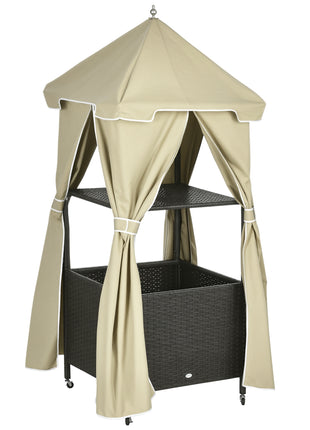 Outdoor Towel Valet Caddy,Covered Poolside Towel Holder Rack,Shelf,Rolling PE Rattan Wicker Storage on Wheels,Beige