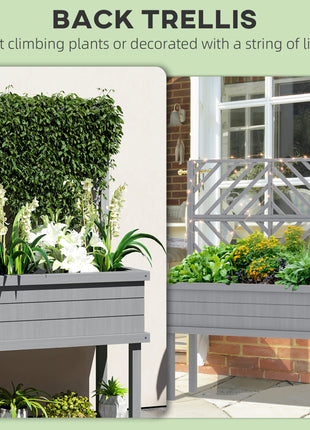 Elevated Wood Planter with Trellis for Climbing Plants, Raised Garden Bed with Legs and Drainage Holes, Gray