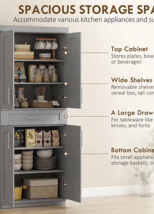 Modern Kitchen Pantry Freestanding Cabinet Cupboard with Doors and Drawer, Adjustable Shelving, Gray
