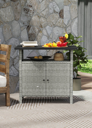 Wicker Outdoor Storage Cabinet with Two Doors and Shelf for Outdoor Pool Towel Storage, Gray