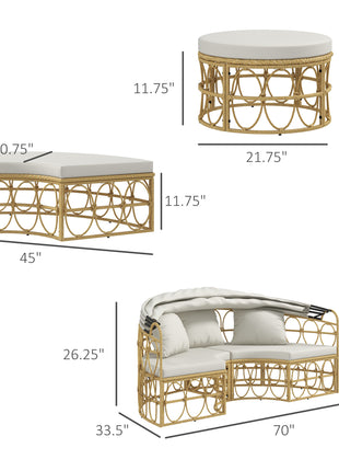 Patio Furniture Set, Round Outdoor Daybed with Retractable Canopy, Hollow Wicker PE Rattan Sectional Sofa with Washable Couch Cushions for Pool, Lawn, Cream White, 70" x 33.5" x 26.25"