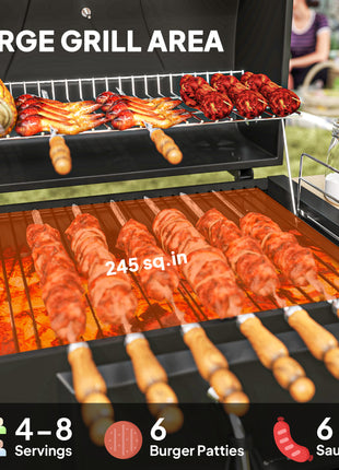 Charcoal BBQ Grill with 245 sq. in. Cooking Area, Adjustable Charcoal Pan, 3 Shelves, Thermometer, Black