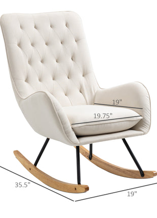Mid-Century Fabric Rocking Chair Sofa Armchair Tufted Rocker Wingback Accent Chair with Padded Seat, Rubber Wood Base for Home Studio, Bedroom, Living Room, Cream White
