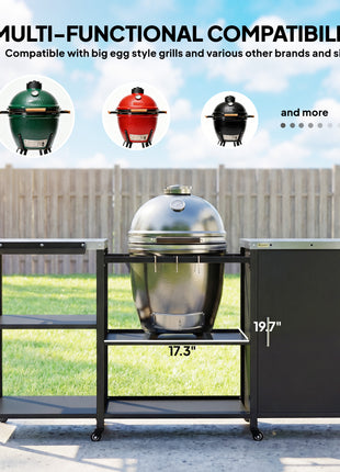 Grill Table for Big Green Egg Grill, Heavy Duty Metal BBQ Prep Table with Stainless Steel Top and Storage Cabinet, Black